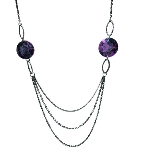 Elegant Purple Disc Silver Chain Multi Strand Statement Necklace Fashion Jewelry - Picture 1 of 5